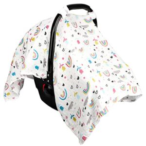 Muslin Baby Car Seat Canopy, Infant Carseat Cover, Lightweight Breathable Soft for Babies Girls Shower Gift (Rainbow)