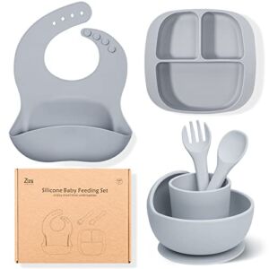 Baby Led Weaning Supplies for Toddlers Ziza Silicone Baby Solid Feeding Set of 6-Infant Self Eating Utensils with Suction Divided Plate/Bowl/Bib/Water Cup/Baby First Stage Spoon & Fork(Grey)