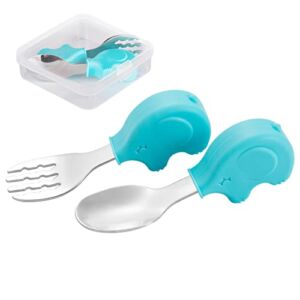 HIWOOD Baby Spoon and Fork Training Set with Travel Case, Toddler Utensils Silverware Set, 316 Stainless Steel and Silicone Flatware set for kids Self Feeding(Elephant, Light Blue)