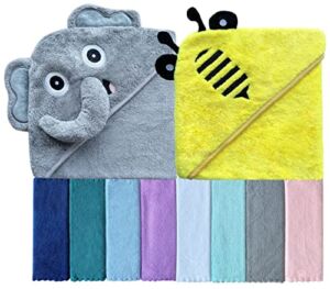 Sunny zzzZZ Baby Hooded Bath Towel and Washcloth Sets, Baby Essentials for Newborn Boy Girl, Baby Shower Towel Gifts for Infant and Toddler – 2 Towel and 8 Washcloths – Yellow Bee and Grey Elephant