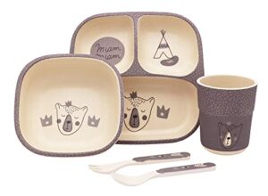 Kids 5 piece Dinnerware Set – Bamboo Toddler Dinner Set – Dishwasher Safe – The Perfect Childrens Dining Set With A Bowl, Plate, Cup And Utensils- Divided Plate Which Is Great For Fussy Eaters