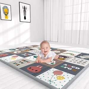 YOOVEE Foldable Baby Play Mat for Crawling, Extra Large Play Mat for Baby, Waterproof Non Toxic Anti-Slip Reversible Foam Playmat for Baby Toddlers Kids, 79″ x 71″ x 0.4″