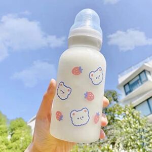 Strawberry Bear Glass Water Bottle with Nipple Sippy 11oz Kawaii Water Bottle for Kids Adults Toddler School Sports Office Cute Frosted Borosilicate Drinking Bottle Portable Water Jug (B)