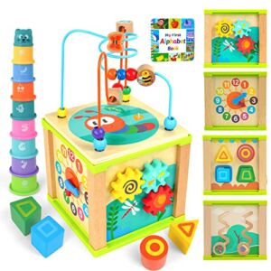 Baby Activity Cube for Toddlers 1-3, Wooden Montessori Bead Maze & Shape Sorter with Stacking Cups for Babies 6-12 Months, Educational Learning Developmental Toys for 1 Year Old Boy Girl Birthday Gift