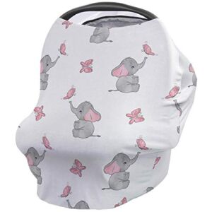 Car Seat Covers for Babies, Elephant Nursing Breastfeeding Covers Stretchy Breathable Baby Carseat Canopy Cover for Girls and Boys Shower Gifts, Pink Butterfly Infant Carseat Canopy