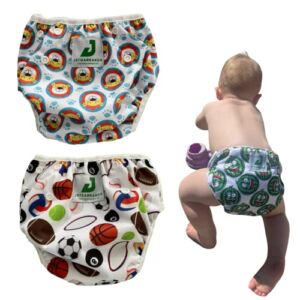 JstgABrands Swim Diapers 2 Pack –One Size Baby Swim Diaper, 0-5 depending on Baby Weight, Newborn Swim Diaper,Infant Swim Diaper Reusable Swim Diapers,Great for Pools or Beach,(Sports & Lion)
