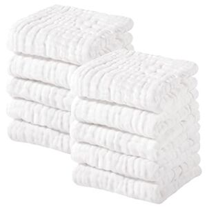 Muslin Baby Washcloths 100% Cotton Face Towels 10 Pack Wash Cloths for Baby 12x12in Soft and Absorbent Baby Wipes by Yoofoss (White)