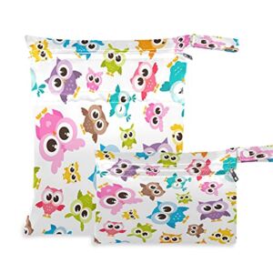 Cute Owl Animal Wet Dry Bags Owl Waterproof Baby Cloth Diaper Bags with Two Zippered Pockets Beach Travel Bag for Swimsuit&Wet Cloth 2pcs