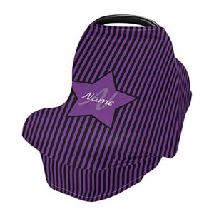 Baby Car Seat Canopies for Girls, Personalized Baby Name Breastfeeding Covers Up, Multi Use Nursing Cover Pattern（Stripes Purple Black Pattern)