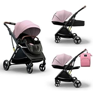 Coballe Lightweight Foldable Baby Stroller: 2 in 1 Infant & Toddler Pram Stoller in High Landscape with Convertible Reversible Bassinet | Pushchair with Adjustable Backrest 3D Suspension (Pink)