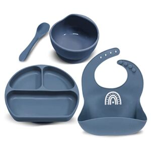 Silicone Baby Feeding Set 4 PACK-Baby Feeding Supplies with Suction Bowl＆Divided Plate＆Adjustable Bib＆Soft Spoon-BPA Free Tableware Self Feeding Set-Easily Clean Infant Training Eating Utensils (Blue)