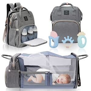 Diaper Bag Backpack, 14 Functional Pockets Diaper Bag with Changing Station & Pad, Portable Travel Baby Diaper Bag including Appease Toys Shade Mosquito Net (Grey)