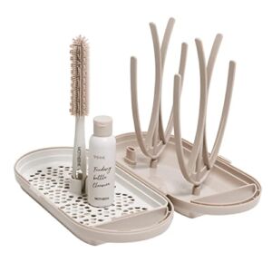 MOTHER-K Travel Baby Bottle Drying Rack Set, Including Drying Rack, Bottle Brush and Travel Bottle for Working Mom or Camping with Baby (Cream Mocha)