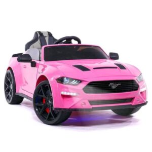 Ford Mustang Ride On Kids Car with Remote, Large 12V Battery Licensed Kid Car to Drive 3 Speeds, Leather Seat, Car Cover, Music by Phone, Rubber Tires (Pink)