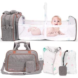 MOGIWAY Diaper Bag Backpack Foldable Bassinet 3 in 1 Diaper Bag, Changing Station, Portable Baby Bed – Water Resistant, 5 Carry Options with 59 x 47” Blanket – Gray with Brown Leather Trim