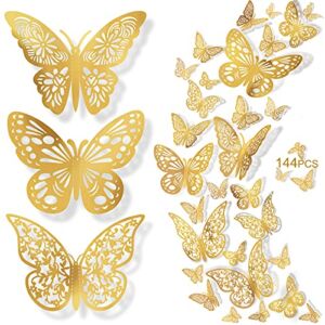 Butterfly Wall Decor Sticker, 144 Pcs 3 Size 3 Styles, 3D Gold Removable Butterfly Sticker Decor for Birthday Party, Wedding Balloon Garland, Christmas, Girls Kids Room