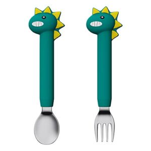 SFCCMM Baby Forks and Spoons Set Baby Training Utensils Self Feeding Toddler Silverware Silicone and Stainless Steel Kids and Toddler Utensil (Green Dinosaur – Long)