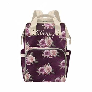 Personalized Purple Flowers Floral Diaper Bag Backpack with Name Personalized Mommy Nursing Baby Bags Nappy Bag Casual Travel Daypack for Mom Girl