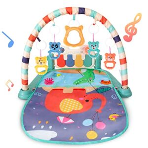 Baby Gym Play Mat – 3-6-9 Month Baby Tummy Time Mat with Mirror Music and Lights Toys, Kick and Play Piano Gym Playmat Activity Center for Infants