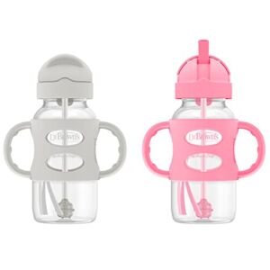 Dr. Brown’s Wide-Neck Sippy Straw Bottles with Silicone Handles, Gray and Pink, 270ml, 9 Oz (Pack of 2)