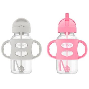 Dr. Brown’s Wide-Neck Sippy Straw Bottles with Silicone Handles, Gray and Pink, 270ml, 9 Oz (Pack of 2) | The Storepaperoomates Retail Market - Fast Affordable Shopping