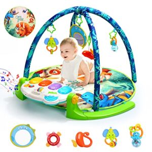 HOLYFUN Baby Gym Play Mat, Kick and Play Piano Gym with 5 Sensory Teether Toys, Multifunctional Tummy Time Round Playmats, Musical Activity Center Early Development Gift for Newborn Infants Toddlers