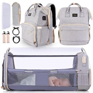 Baby Bag with Changing Station, Travel Backpack for New Born Essentials For Baby, Portable Diaper Bags for Baby Boy & Girl with Sunshade Top, Insect Net & USB Charging Port (Gray)