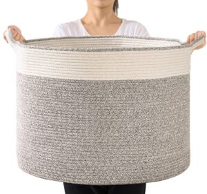 Large Cotton Rope Basket-Throw Blanket Storage Basket 22″ x 22″ x 14″ for Pillows in Living Room Woven Baby Laundry Basket with Handle,Nursery Basket Soft Toy Storage Basket Brown & White
