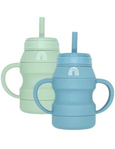Hippypotamus Silicone Transition Cups – Baby/Toddler Cups With Straws & Lids – Removable Handles – Set of 2 (Sage / Fog)