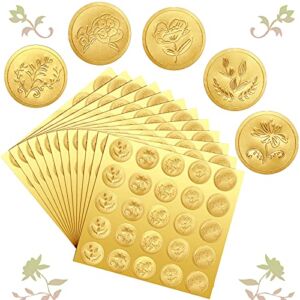 500 Pieces Gold Embossed Envelope Seals Stickers Adhesive Seal Stickers Vintage Embossed Foil Certificate Seal Plant DIY Labels for Wedding Invitations Envelopes, 5 Patterns (Flower Style)