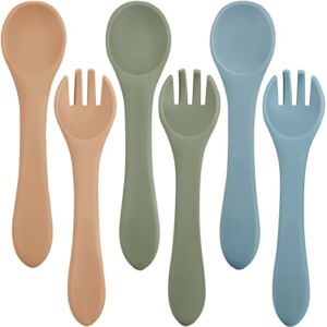 6 Pieces Silicone Baby Feeding Forks and Spoons Set Hot Safety First Stage Self Feeding Supplies Mini Kids Utensils for Over 6 Months Babies Boy Girl Toddlers First Foods (Nature Color,Simple Style)