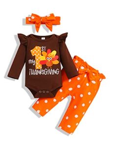 Thanksgiving Outfits Baby Girl My First Thanksgiving Romper+Polka Dot Pant+Headband Baby Girl Thanksgiving Clothes Set