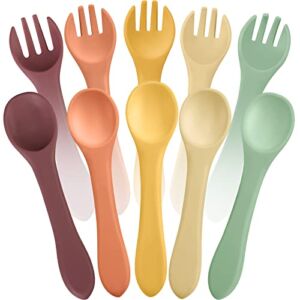 10 Pieces Baby Led Weaning Spoons and Forks Set Infant Silicone Spoon First Self Feed Baby training Utensils for Toddler First Stage Feeding Supplies for Kids Over 6 Months, 5 Pairs (Classic Colors)