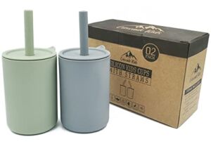 Cascade Kids Silicone Kids Cups with Straws and Lids, (2 Pack), Non Plastic, BPA-Free, Unbreakable, Smell Proof, for Kids and Toddlers 6+ Months, 6oz, (Sage Green, Stone Grey)