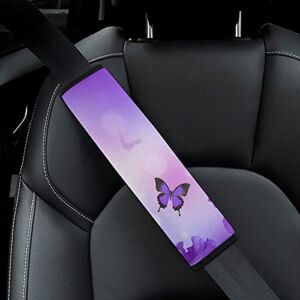 Butterfly on Purple Flowers Pattern Car Seat Belt Pad Cover for Adults Kids, Universal Soft Safety Belt Shoulder Strap Cushion Protector, for Backpack Bag Straps Cover