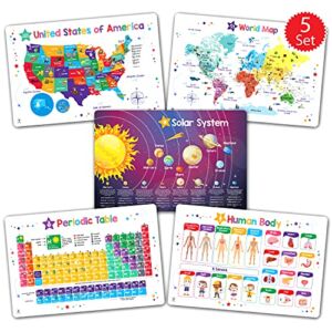 Simply Magic Discovery Set of 5 Educational Placemats for Kids – Kids Placemats Non Slip for Dining Table, Wipeable Reusable Plastic Placemats for Kids: USA, World Map, Periodic Table, Solar System