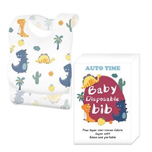 Disposable Baby Bibs 8×13.7” Large with Crumb-Catcher,Baby Travel Essential Reusable Fastener Baby Bibs for Boys Girls 20 Count Non-Woven Bibs for Toddler,Leakproof Liner, for Feeding,Traveling,Picnic,Camping,Age 6+ Months (Dinosaur)