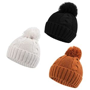 Zsedrut Baby Girls Winter Hat Infant Twist Beanie Cold Weather Warm Pompom Hat Set (White+Black+Caramel, Small)