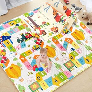 Mergren Baby Play Mat,Waterproof Foam Foldable Baby Crawling Mat with Reversible Double-Sided Patterns,Anti-Slip Floor Playing Mats for Infants,Toddlers,Indoor,Outdoor(79″×71″)