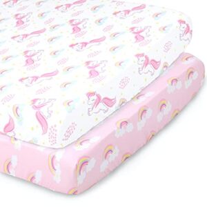 The Peanutshell Fitted Pack n Play, Playard, Mini Crib Sheets for Baby Girls | 2 Pack Set | Pink Unicorn & Rainbow