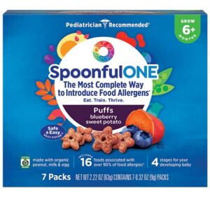 SpoonfulONE Early Allergen Introduction Puffs | Smart Feeding Snack for an Infant or Baby 6+ Months | Certified Organic (Blueberry Sweet Potato, 7 Pack)