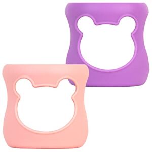 100% Silicone Baby Bottle Sleeves for Philips Avent Natural Glass Baby Bottles, Premium Food Grade Silicone Bottle Cover, Cute Bear Design, 4oz, Pink and Purple, Pack of 2