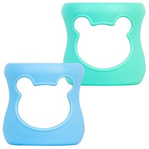 100% Silicone Baby Bottle Sleeves for Philips Avent Natural Glass Baby Bottles, Premium Food Grade Silicone Bottle Cover, Cute Bear Design, 4oz, Blue and Turquoise, Pack of 2