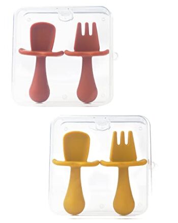 4 Pcs Baby Spoons Self Feeding 6 Months, Silicone Baby Spoons First Stage, Toddler Utensils for Baby Led Weaning with 2 Cases (Caramel, Tumeric) | The Storepaperoomates Retail Market - Fast Affordable Shopping