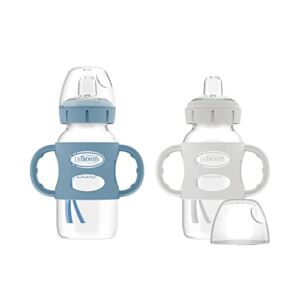 Dr. Brown’s Milestones Wide-Neck Transitional Sippy Bottle with Silicone Handles 9oz 270mL 6m+ Light Blue and Gray 2-Pack