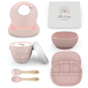Little Keegs Baby Feeding Supplies – Baby Must Haves Gift Set – Baby Led Weaning Supplies – Toddler Silicone Feeding Set – Suction Baby Bowl, Bib, Snack Cup, Utensils, Baby Plate Set of 6 (Pink)