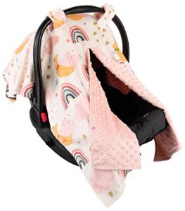 Top Tots Deluxe Minky Baby Car Seat Cover – Sleepy Moon and Rainbow, 40 x 29 Inch Peach