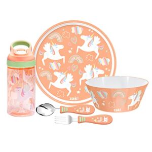 Zak Designs Children’s Dinnerware Set Includes Plate, Bowl, Water Bottle, and Utensil Tableware, Non-BPA, Made of Durable Material and Perfect for Kids (5 Pieces, Unicorn)