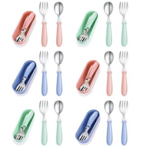 18 Pieces Toddler Utensils Stainless Steel Fork and Spoon Metal Baby Utensils Safe Toddler Flatware Sets Cute Children’s Cutlery Set with Round Handle for Kids Boys Girls Home Kitchen, Green Pink Blue