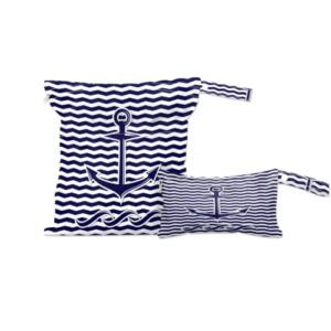 Chevron Anchor Wet Dry Bag for Cloth Diaper Swimsuit, Nautical Anchor Waterproof Wet Bag Organizer Pouch with Zippered Pockets and Snap Handle Washable for Travel Daycare Gym, 2 Pack